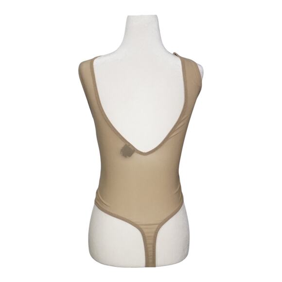 Nude Women's S Size S Bead Embellished Mesh Bodysuit Tan Elevated Basic Layering - Picture 4 of 10